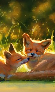 Preview wallpaper foxes, cute, animals, grass, art