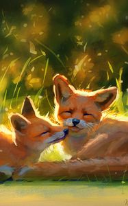 Preview wallpaper foxes, cute, animals, grass, art