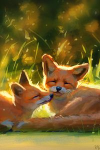 Preview wallpaper foxes, cute, animals, grass, art