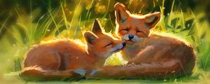 Preview wallpaper foxes, cute, animals, grass, art