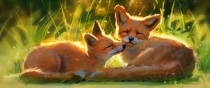 Preview wallpaper foxes, cute, animals, grass, art