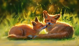 Preview wallpaper foxes, cute, animals, grass, art