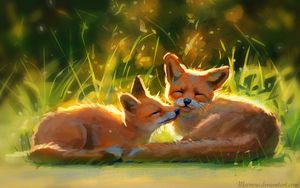 Preview wallpaper foxes, cute, animals, grass, art