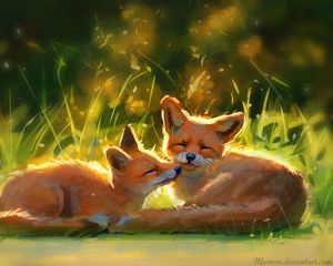 Preview wallpaper foxes, cute, animals, grass, art