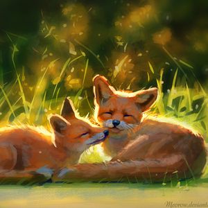 Preview wallpaper foxes, cute, animals, grass, art