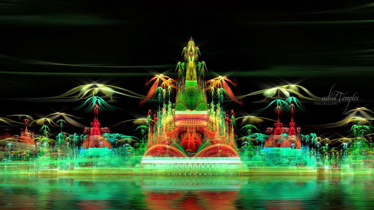 Wallpaper fractal, city, imagination, green, smoke, illusion