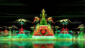Preview wallpaper fractal, city, imagination, green, smoke, illusion