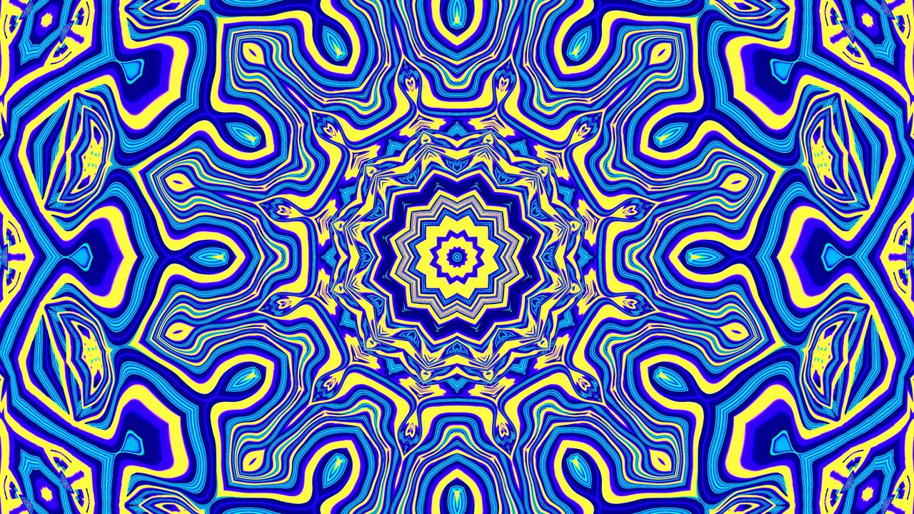 Wallpaper fractal, kaleidoscope, abstraction, shapes, blue, yellow