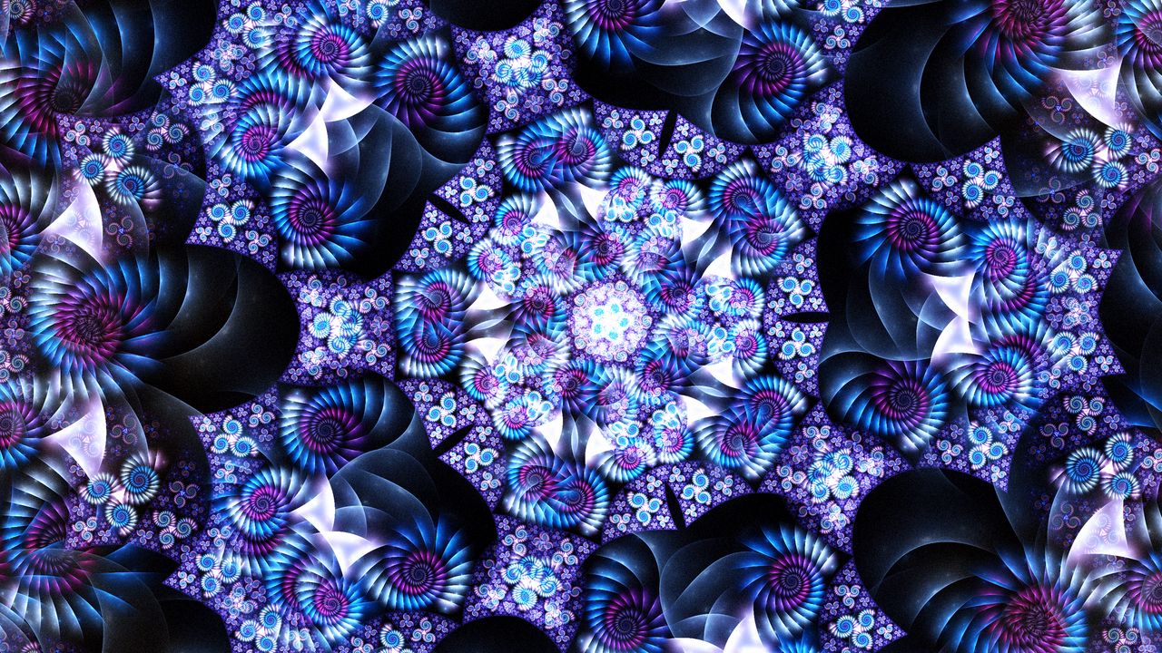 Wallpaper fractal, kaleidoscope, spirals, abstraction, blue