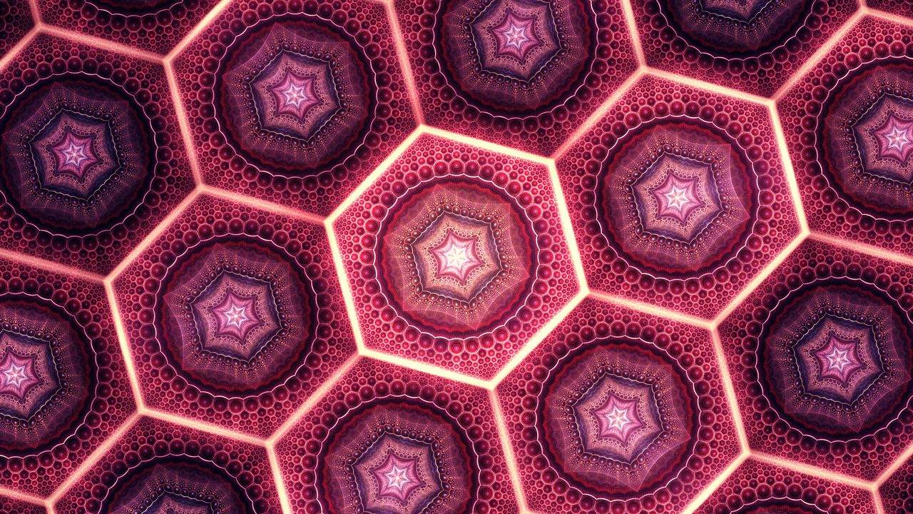 Wallpaper fractal, pattern, hexagons, glow, abstraction