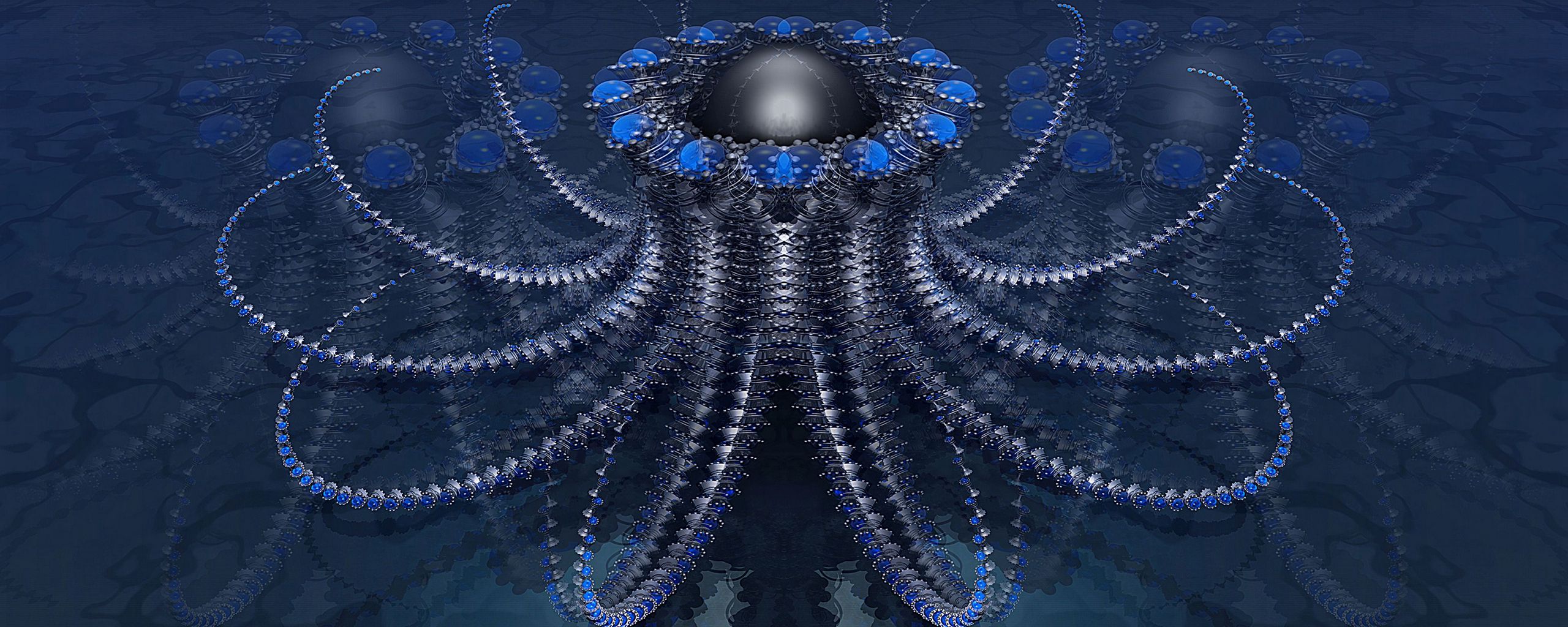 2560x1024 Wallpaper fractal, shapes, ball, 3d, blue