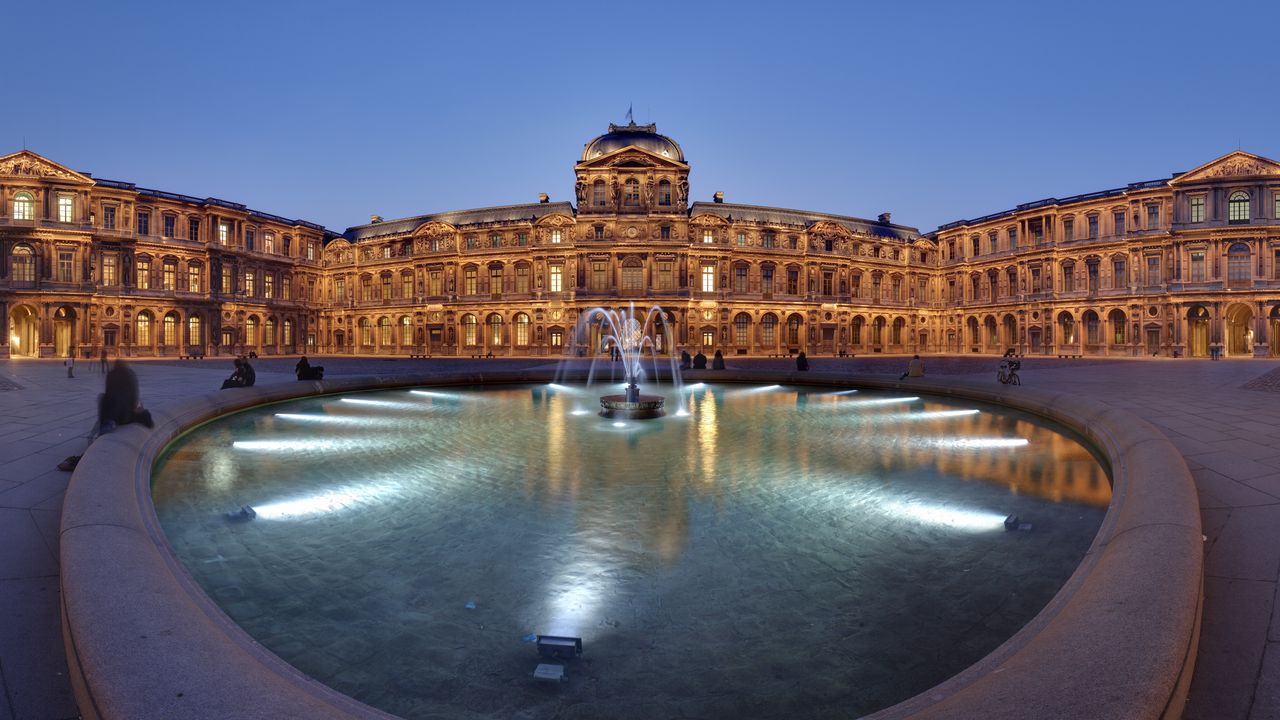 Wallpaper france, louvre, panorama, fountain, lights, evening, attractions