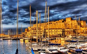 Preview wallpaper france, terra minor, pier, boat, boats, building, hdr