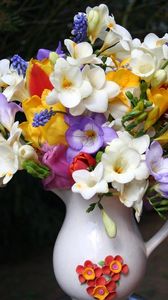 Preview wallpaper freesia, muscari, flowers, pot, beautifully