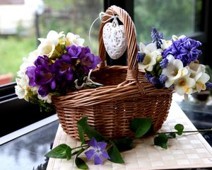 Preview wallpaper freesia, muscari, hyacinth, periwinkle, flowers, basket, heart