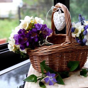 Preview wallpaper freesia, muscari, hyacinth, periwinkle, flowers, basket, heart