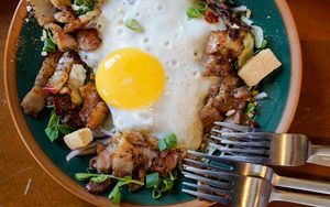 Preview wallpaper fried eggs, bacon, toast, croutons, forks
