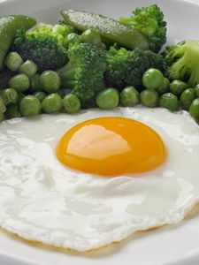 Preview wallpaper fried eggs, breakfast, peas, broccoli, greens, yolk