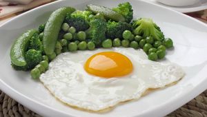 Preview wallpaper fried eggs, breakfast, peas, broccoli, greens, yolk