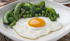 Preview wallpaper fried eggs, breakfast, peas, broccoli, greens, yolk