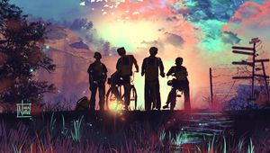 Preview wallpaper friends, children, silhouettes, bicycles, art