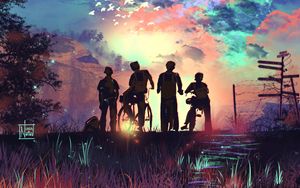 Preview wallpaper friends, children, silhouettes, bicycles, art