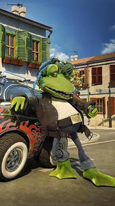 Preview wallpaper frog, car, cool, street, stylish, animation