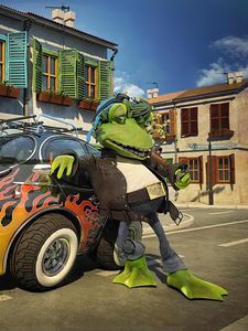 Preview wallpaper frog, car, cool, street, stylish, animation