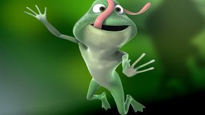 Preview wallpaper frog, jump, tongue, long, green, pink