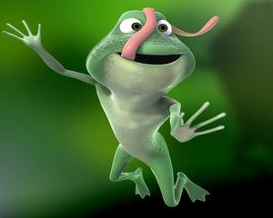 Preview wallpaper frog, jump, tongue, long, green, pink
