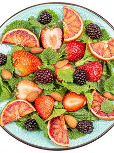 Preview wallpaper fruit, berries, plate, wedges, fresh
