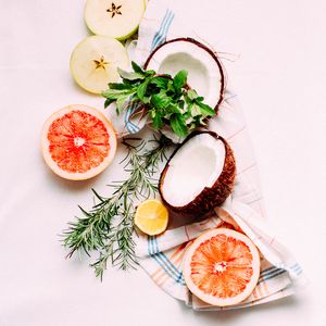 Preview wallpaper fruit, coconut, grapefruit, apples, herbs