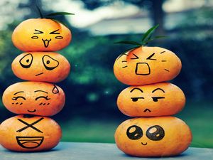 Preview wallpaper fruit, emoticons, smiley face, table, leaves, bokeh