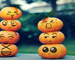 Preview wallpaper fruit, emoticons, smiley face, table, leaves, bokeh