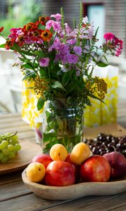 Preview wallpaper fruit, flowers, bouquet, still life, aesthetics