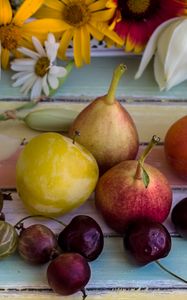 Preview wallpaper fruit, pear, gooseberry, flowers