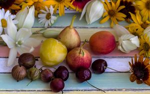 Preview wallpaper fruit, pear, gooseberry, flowers