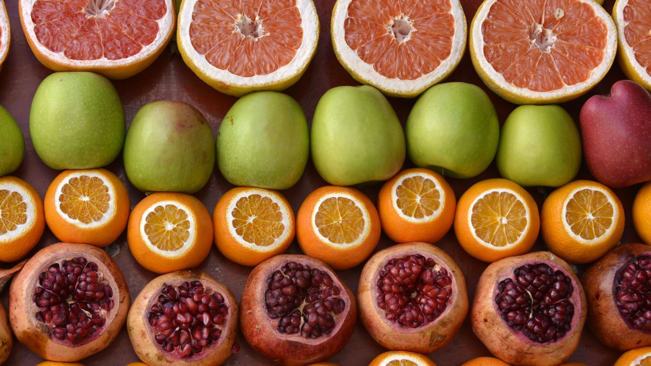 Wallpaper fruits, apples, pomegranates, oranges, grapefruits, ripe