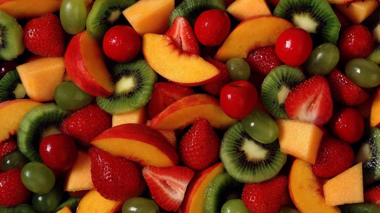 Wallpaper fruits, berries, strawberries, kiwi, grapes