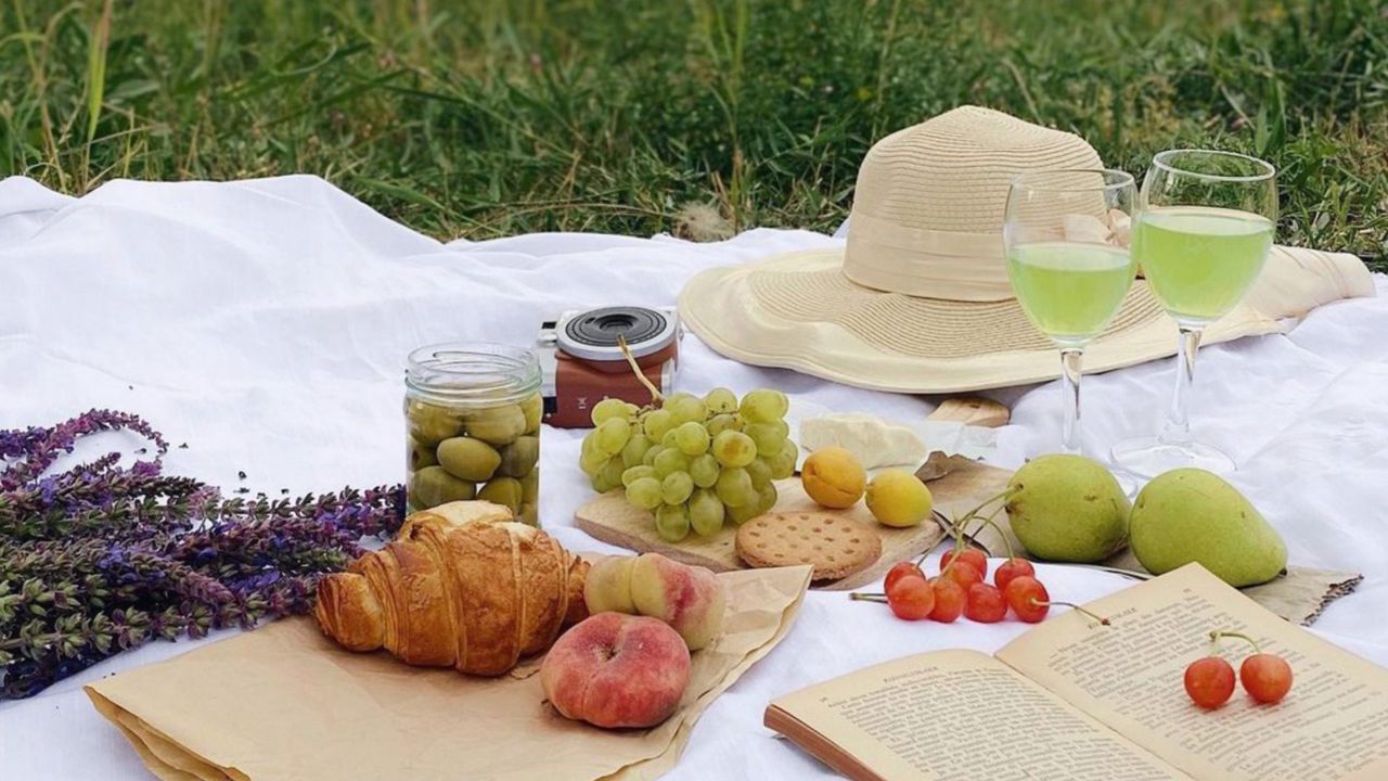 Wallpaper fruits, glasses, hat, picnic, aesthetics