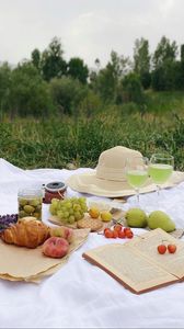 Preview wallpaper fruits, glasses, hat, picnic, aesthetics