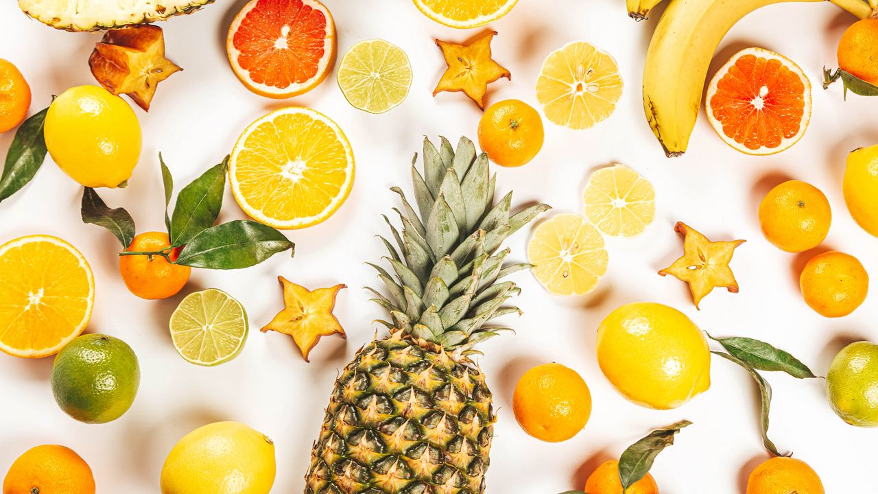 Wallpaper fruits, pineapple, orange, tangerine, starfruit, grapefruit
