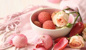 Preview wallpaper fruits, roses, flowers, petals, decoration, composition