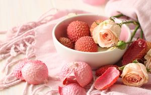 Preview wallpaper fruits, roses, flowers, petals, decoration, composition