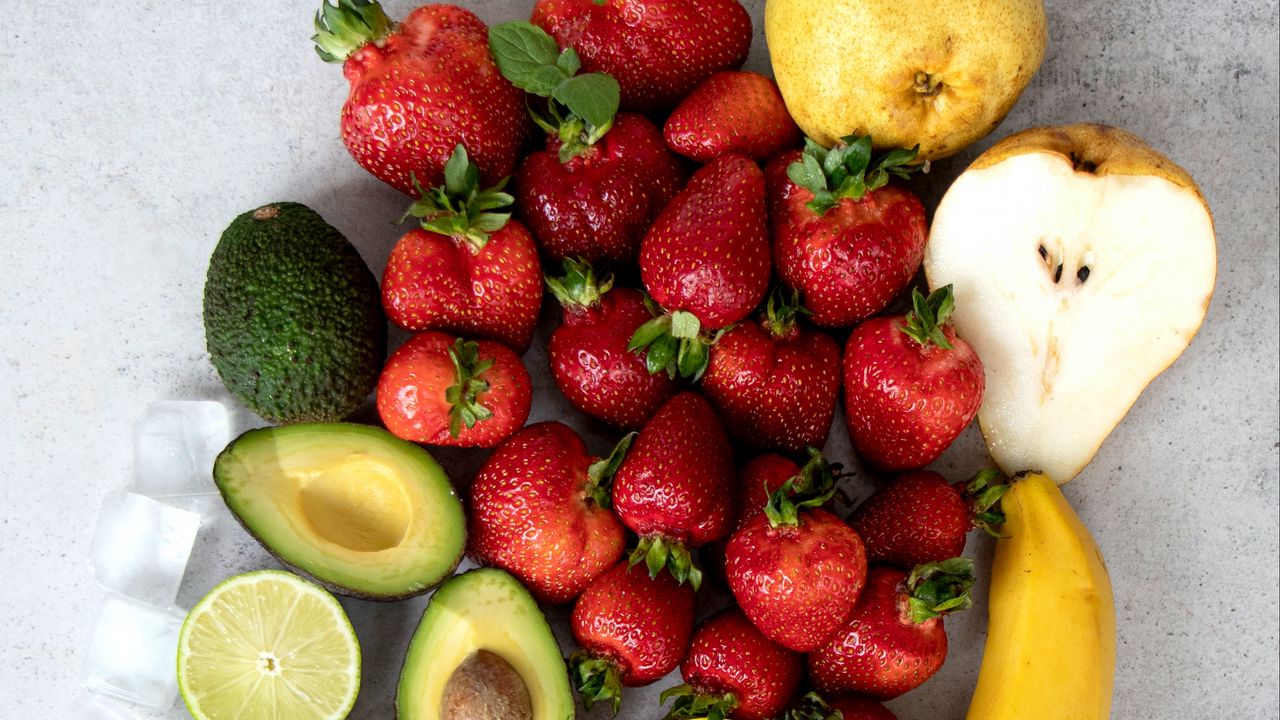 Wallpaper fruits, strawberries, avocado, pear, banana, lemon, ice