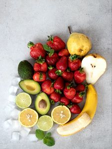 Preview wallpaper fruits, strawberries, avocado, pear, banana, lemon, ice