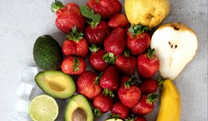 Preview wallpaper fruits, strawberries, avocado, pear, banana, lemon, ice