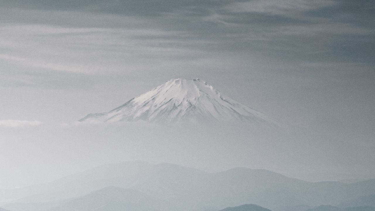Wallpaper fuji, mountain, mountains, peak, snow, fog
