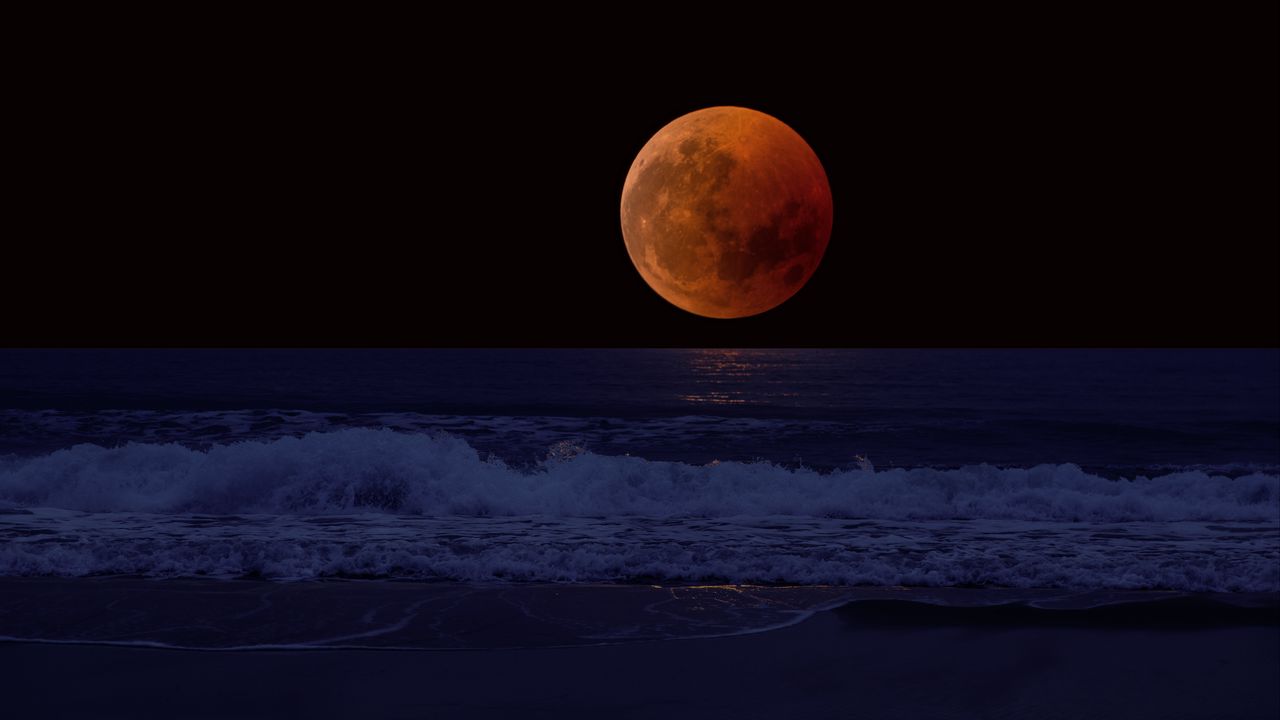 Wallpaper full moon, eclipse, sea, surf, horizon