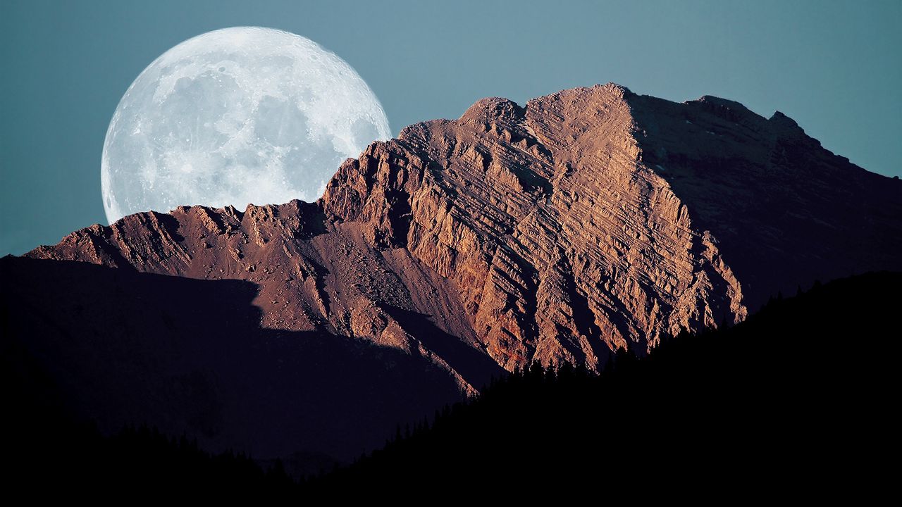 Wallpaper full moon, mountains, shadows, sky, disk